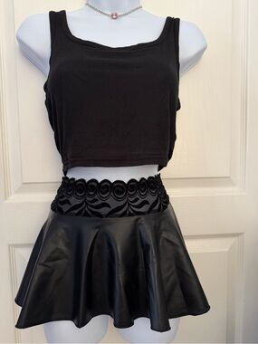 Black Faux Leather Circle Skirt with Decorative Waistband